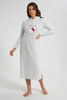 Grey Melange Bear Nightgown With Hoodie