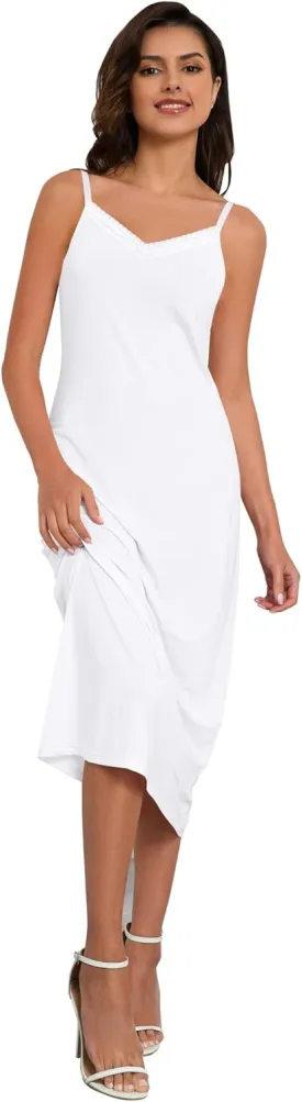 H HIAMIGOS Full Slip For Women Under Dress Lace Satin Silk V Neck Adjustable Spaghetti Strap Straight