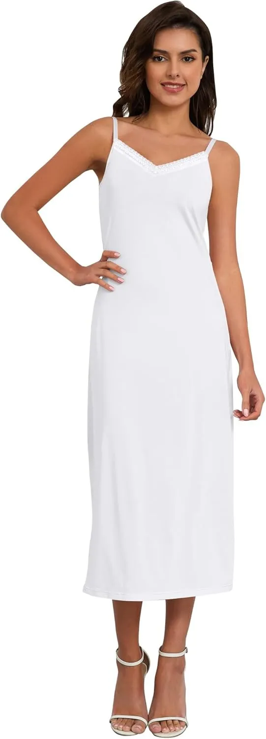 H HIAMIGOS Full Slip For Women Under Dress Lace Satin Silk V Neck Adjustable Spaghetti Strap Straight
