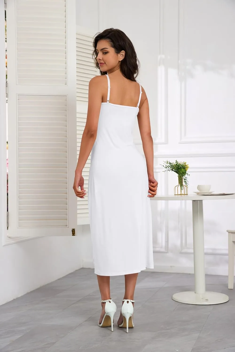 H HIAMIGOS Full Slip For Women Under Dress Lace Satin Silk V Neck Adjustable Spaghetti Strap Straight