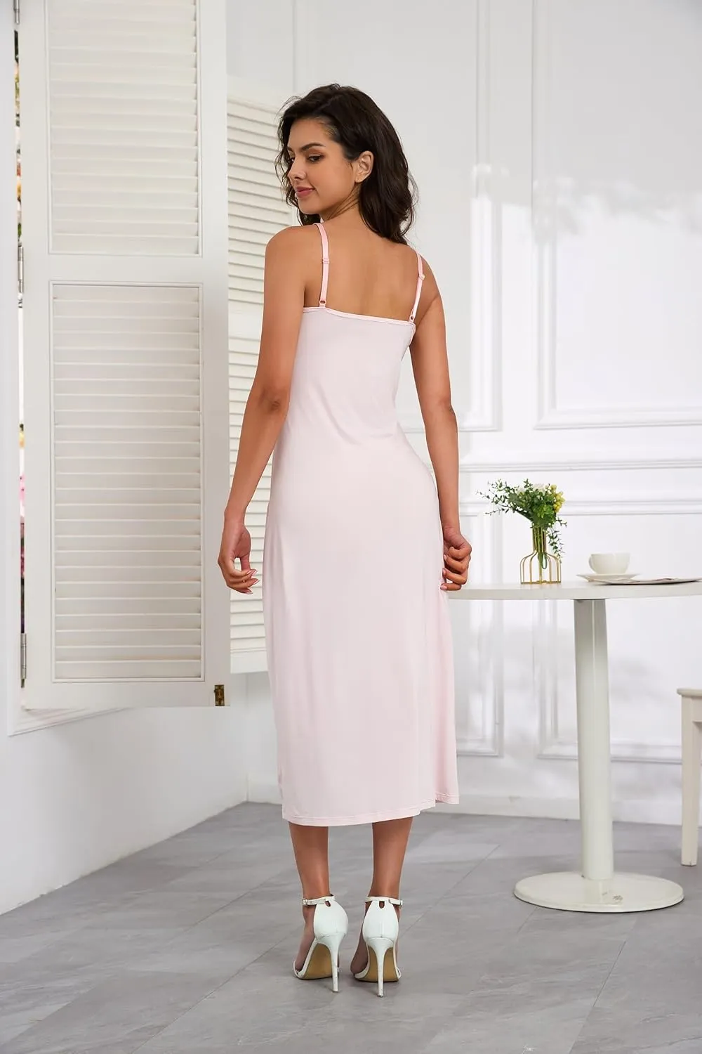 H HIAMIGOS Full Slip For Women Under Dress Lace Satin Silk V Neck Adjustable Spaghetti Strap Straight