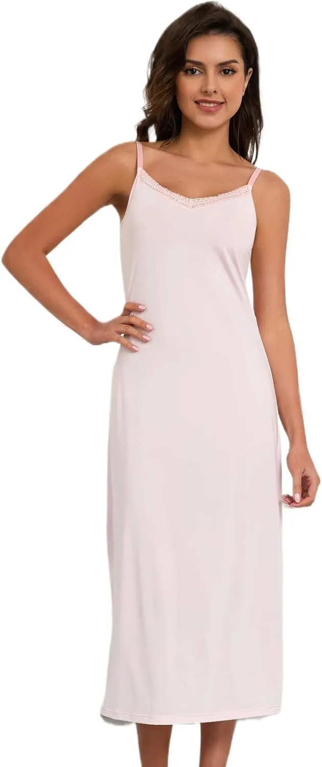 H HIAMIGOS Full Slip For Women Under Dress Lace Satin Silk V Neck Adjustable Spaghetti Strap Straight