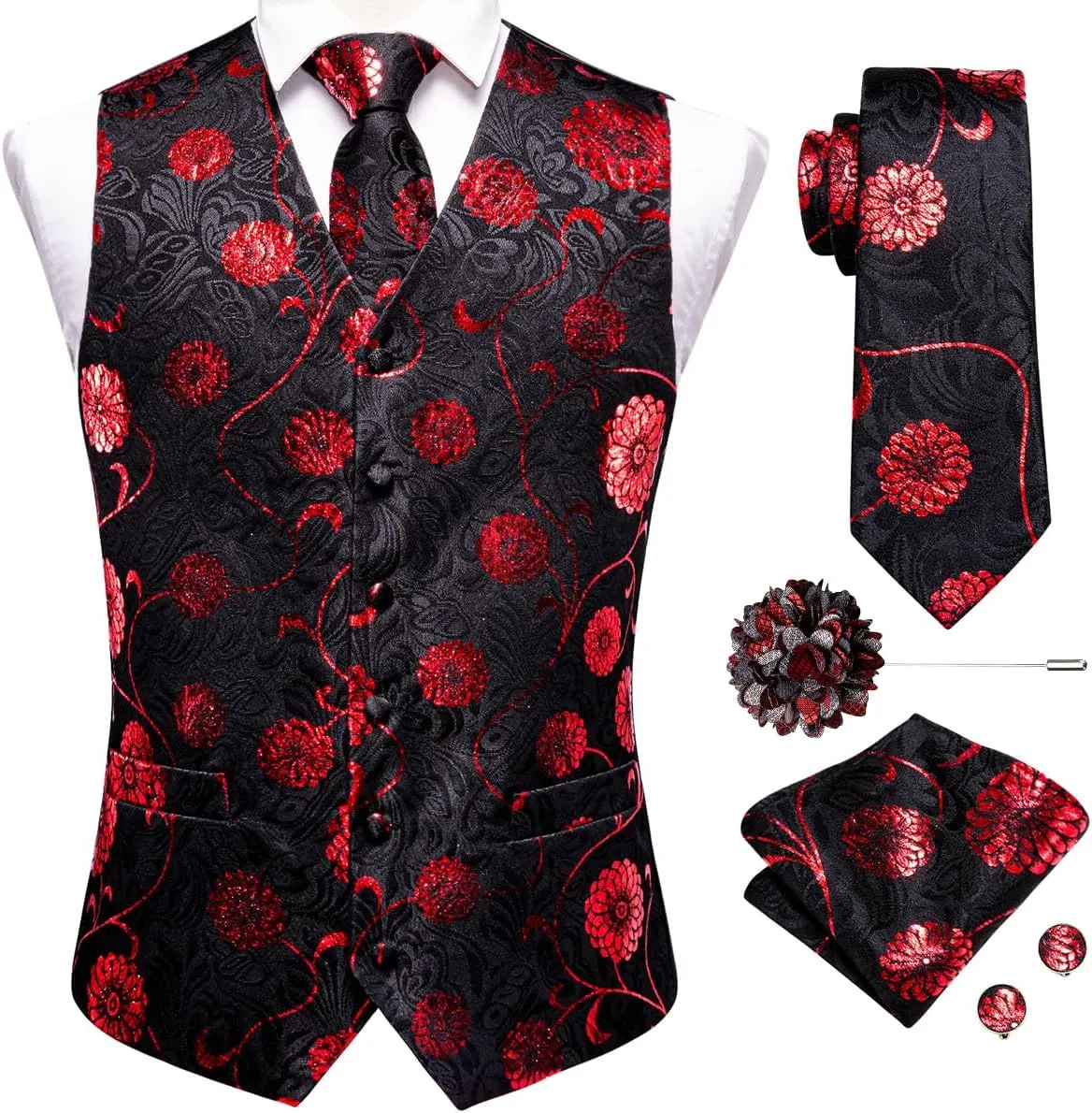 Hi-Tie Mens Silk Suit Vest Jacquard 5PCS Necktie Pocket Square Cufflinks Lapel Pin Formal Wedding Tuxedo