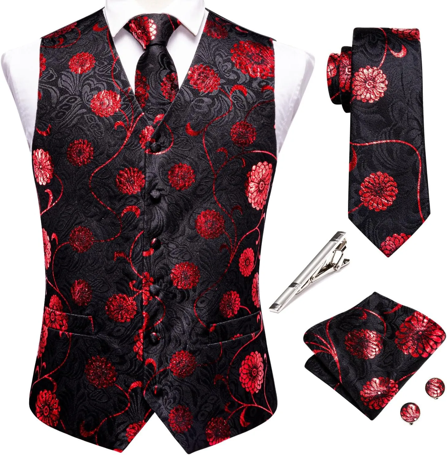 Hi-Tie Mens Silk Suit Vest Jacquard 5PCS Necktie Pocket Square Cufflinks Lapel Pin Formal Wedding Tuxedo