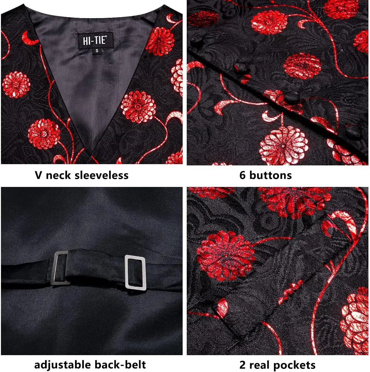 Hi-Tie Mens Silk Suit Vest Jacquard 5PCS Necktie Pocket Square Cufflinks Lapel Pin Formal Wedding Tuxedo