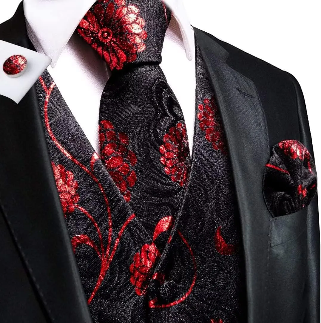 Hi-Tie Mens Silk Suit Vest Jacquard 5PCS Necktie Pocket Square Cufflinks Lapel Pin Formal Wedding Tuxedo