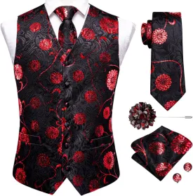Hi-Tie Mens Silk Suit Vest Jacquard 5PCS Necktie Pocket Square Cufflinks Lapel Pin Formal Wedding Tuxedo