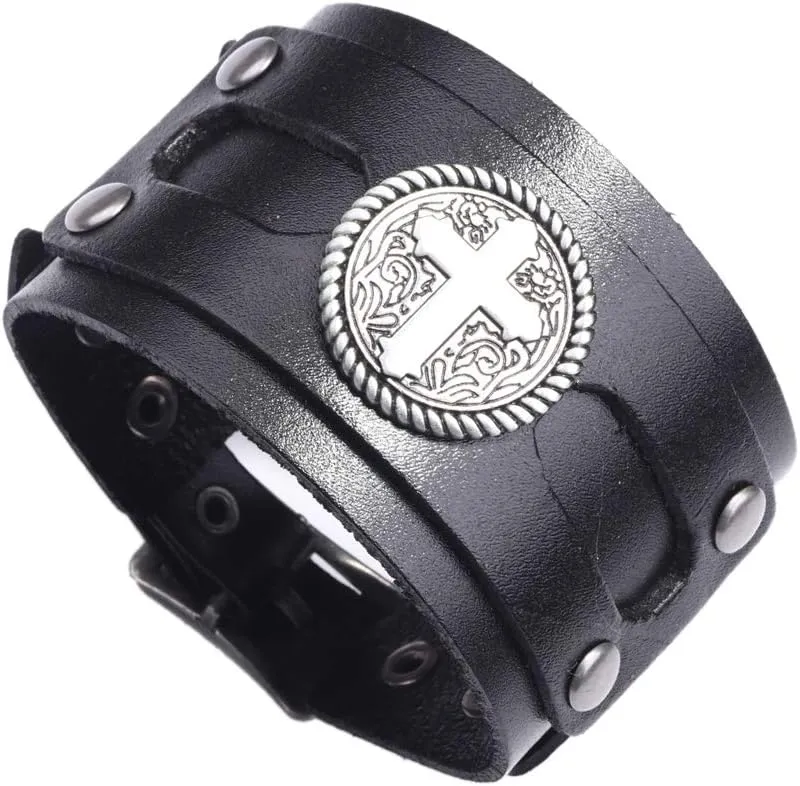 Hip Hop Jewelry Cross/Dragon/Skull Pattern Metal Belt Buckle Bracelet Wide Leather Wristband Bracelet