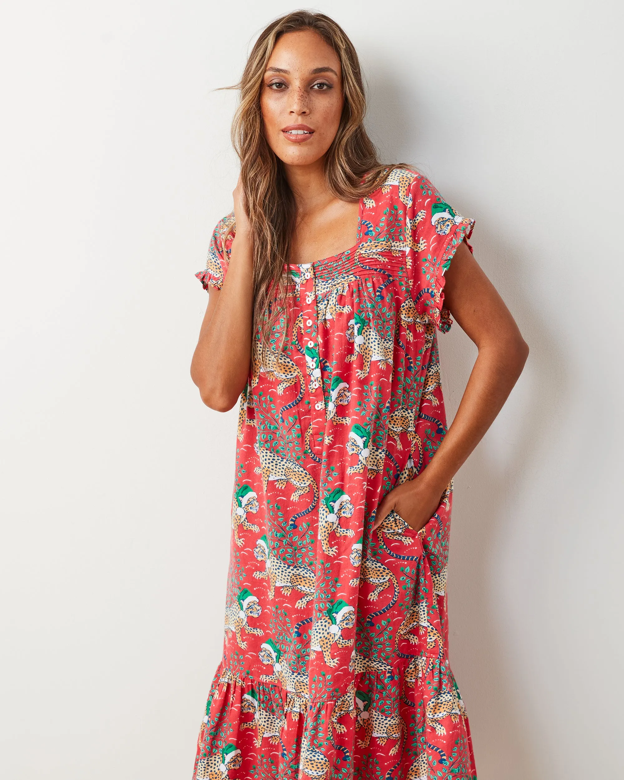 Holly Jolly Bagheera - Lightweight Flannel Daylight Nightgown - Ruby