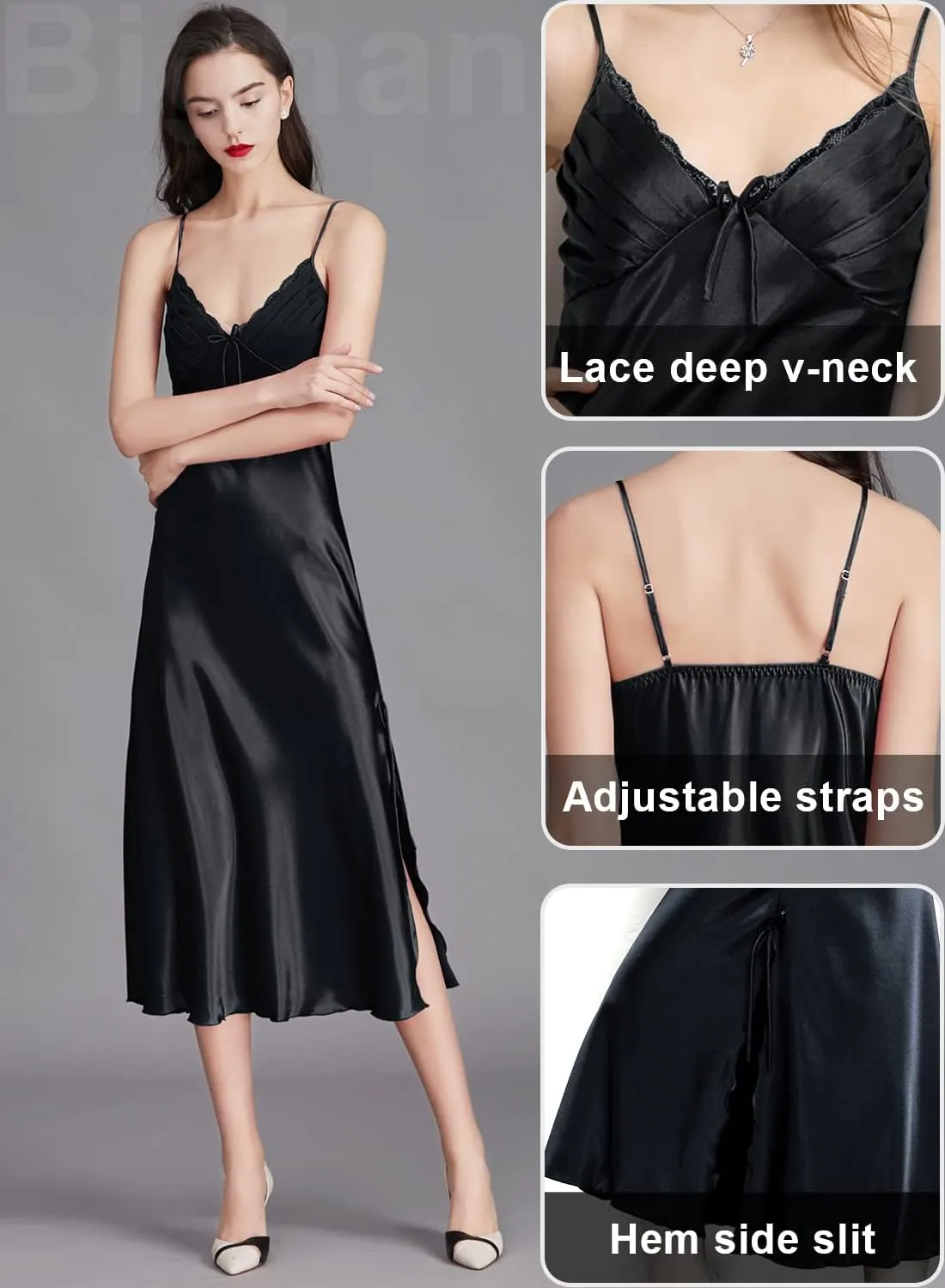 IIG Womens Long Satin Full Slip Dress Adjustable Spaghetti Strap Chemise Nightgown