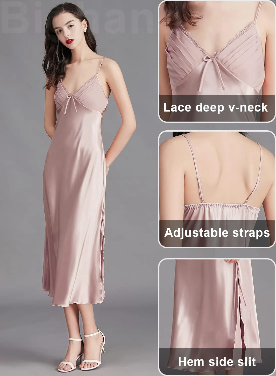 IIG Womens Long Satin Full Slip Dress Adjustable Spaghetti Strap Chemise Nightgown