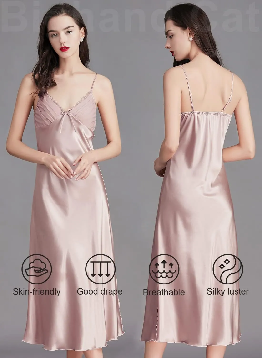 IIG Womens Long Satin Full Slip Dress Adjustable Spaghetti Strap Chemise Nightgown