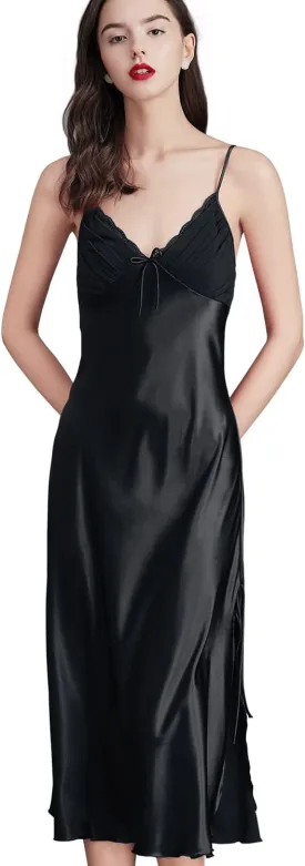 IIG Womens Long Satin Full Slip Dress Adjustable Spaghetti Strap Chemise Nightgown