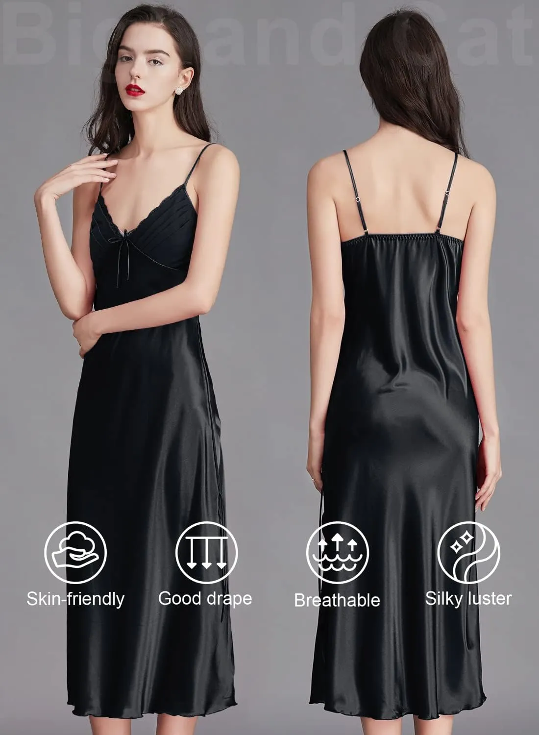 IIG Womens Long Satin Full Slip Dress Adjustable Spaghetti Strap Chemise Nightgown
