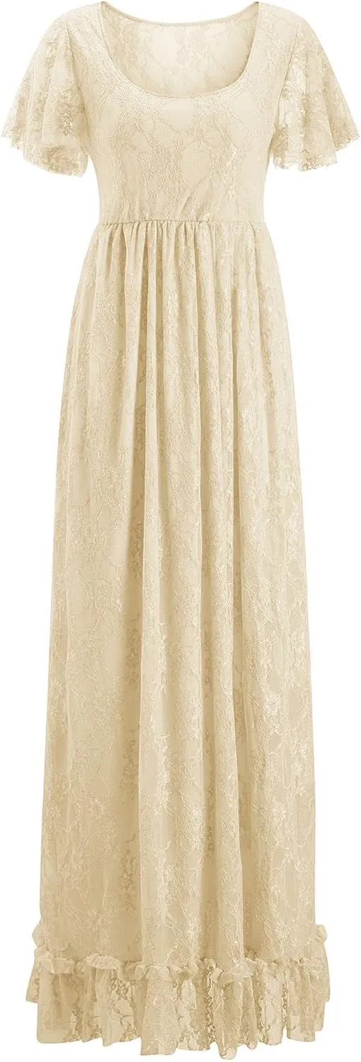 IWEMEK Women Ruched Floral Lace Maternity Photography Prop Maxi Dress Fancy Wedding Pregnancy Gown for Baby Shower Photoshoot