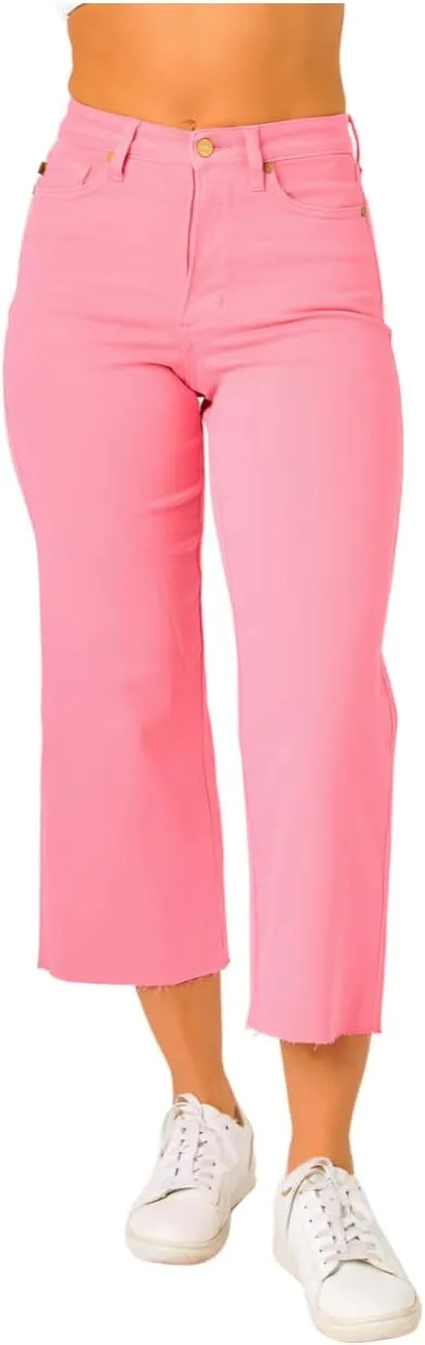Judy Blue High Rise Tummy Control Wide Leg Crop Jeans in Blue