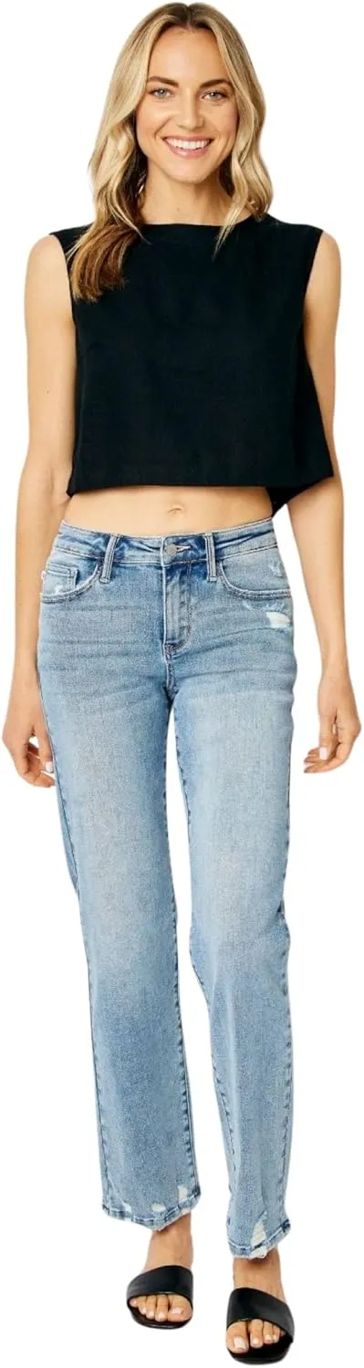 Judy Blue Women's Mid Rise Medium Wash Distressed Straight Leg Jeans