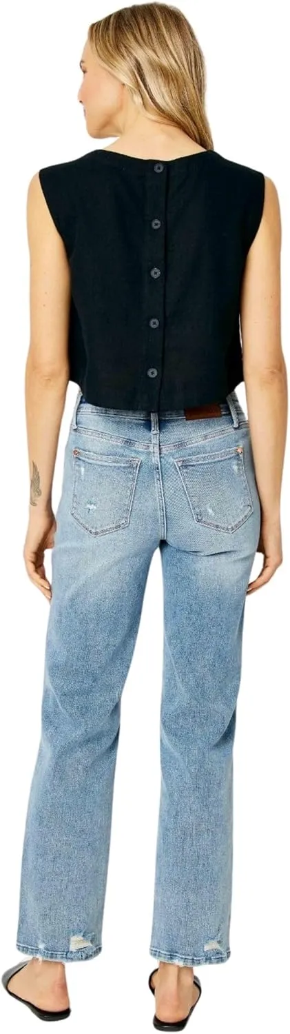 Judy Blue Women's Mid Rise Medium Wash Distressed Straight Leg Jeans