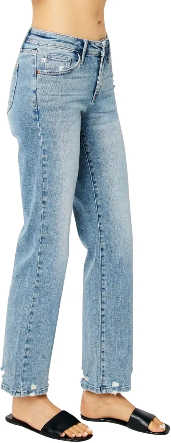 Judy Blue Women's Mid Rise Medium Wash Distressed Straight Leg Jeans
