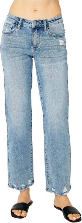 Judy Blue Women's Mid Rise Medium Wash Distressed Straight Leg Jeans