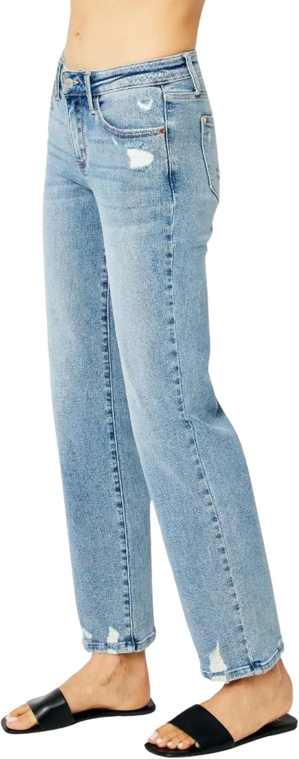 Judy Blue Women's Mid Rise Medium Wash Distressed Straight Leg Jeans