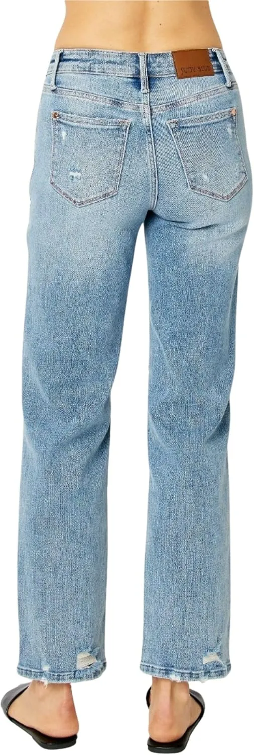 Judy Blue Women's Mid Rise Medium Wash Distressed Straight Leg Jeans