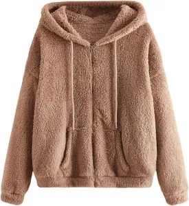 MakeMeChic Women's Faux Fur Coat Long Sleeve Zip Up Fuzzy Hoodie Lightweight Teddy Bear Fleece Jacket