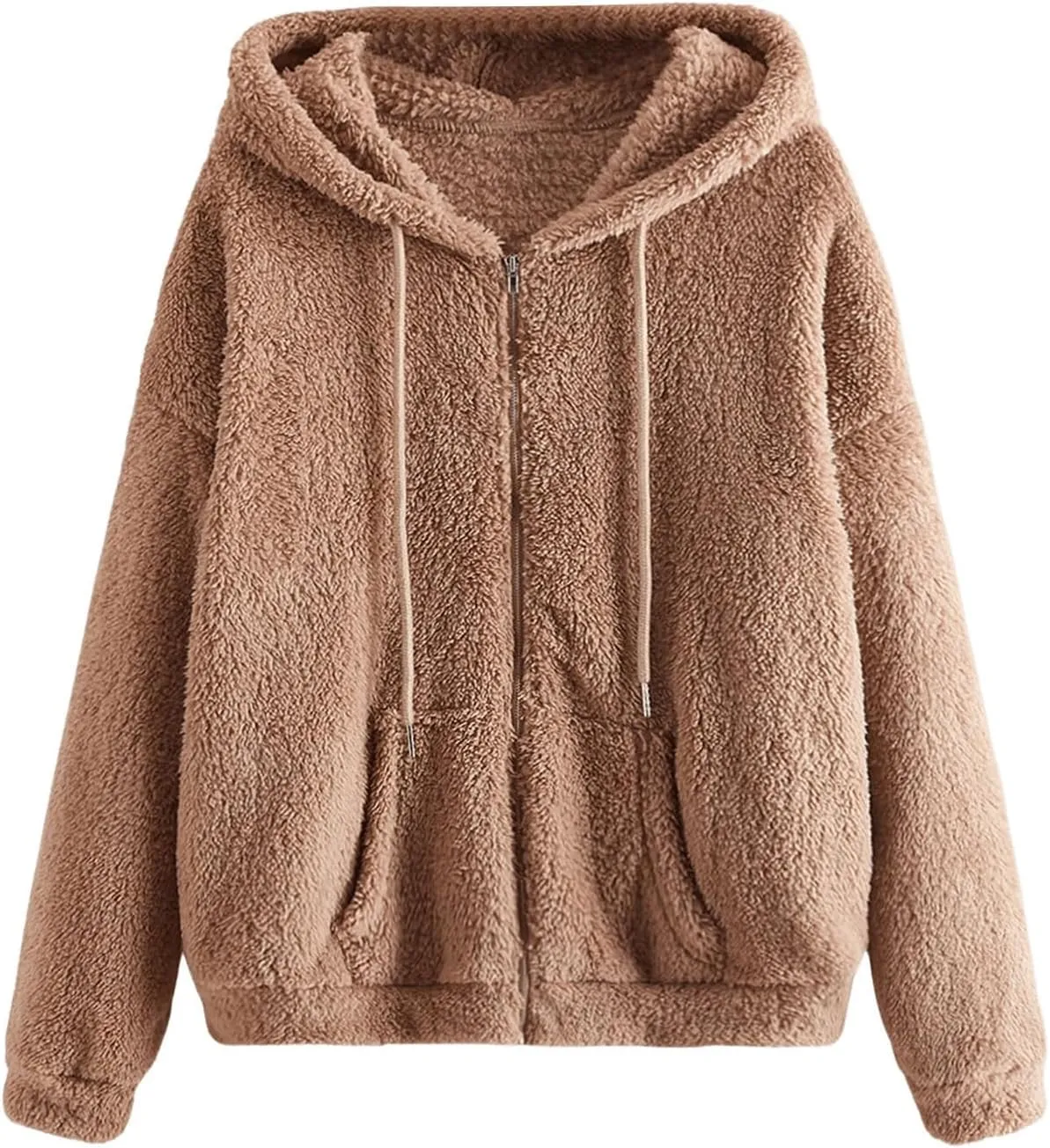 MakeMeChic Women's Faux Fur Coat Long Sleeve Zip Up Fuzzy Hoodie Lightweight Teddy Bear Fleece Jacket