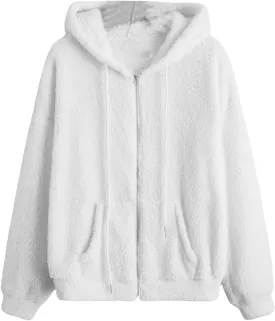 MakeMeChic Women's Faux Fur Coat Long Sleeve Zip Up Fuzzy Hoodie Lightweight Teddy Bear Fleece Jacket
