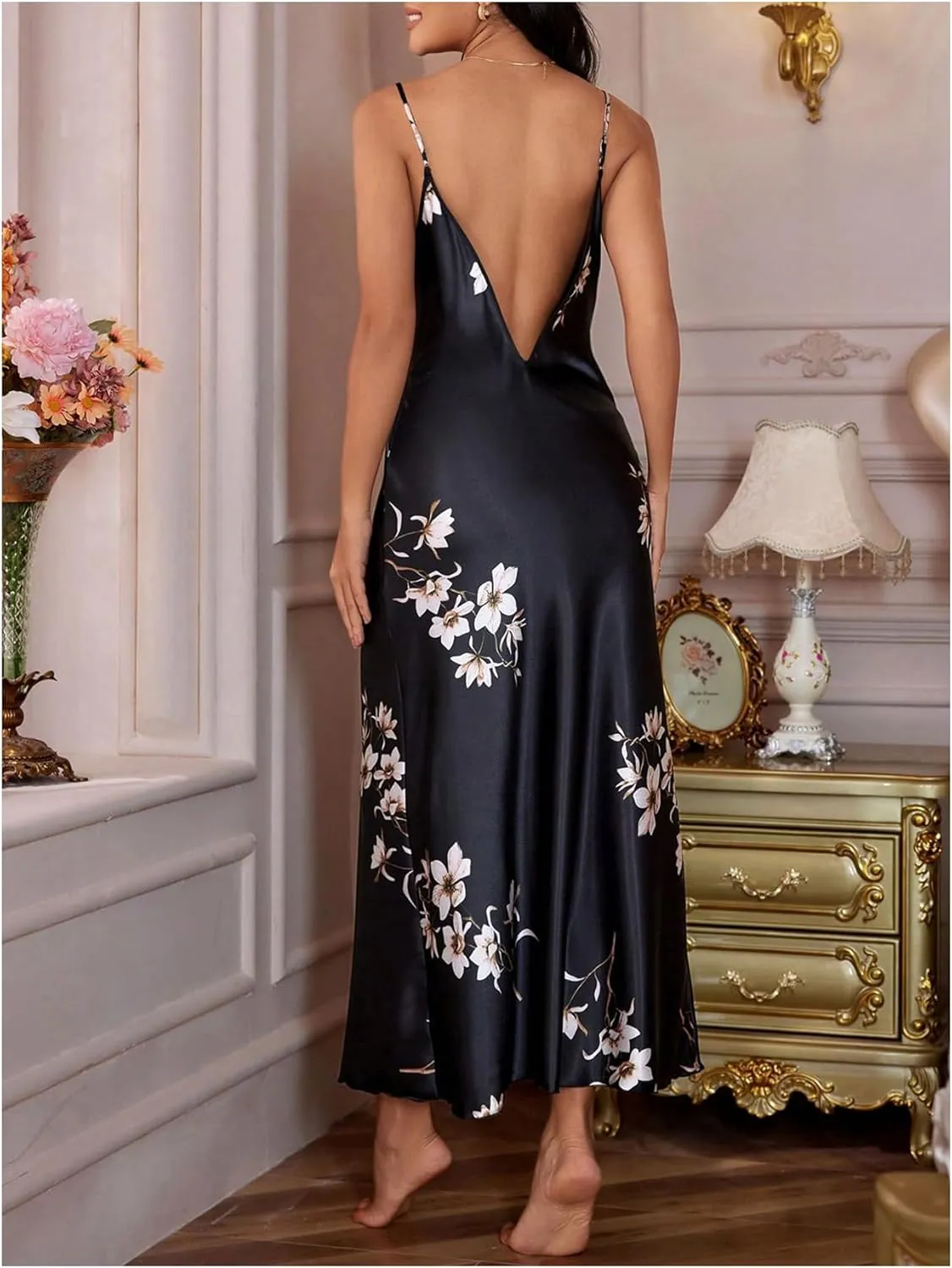 MakeMeChic Women's Floral Cowl Neck Satin Nightgown Backless Spaghetti Strap Maxi Slip Sleep Dress