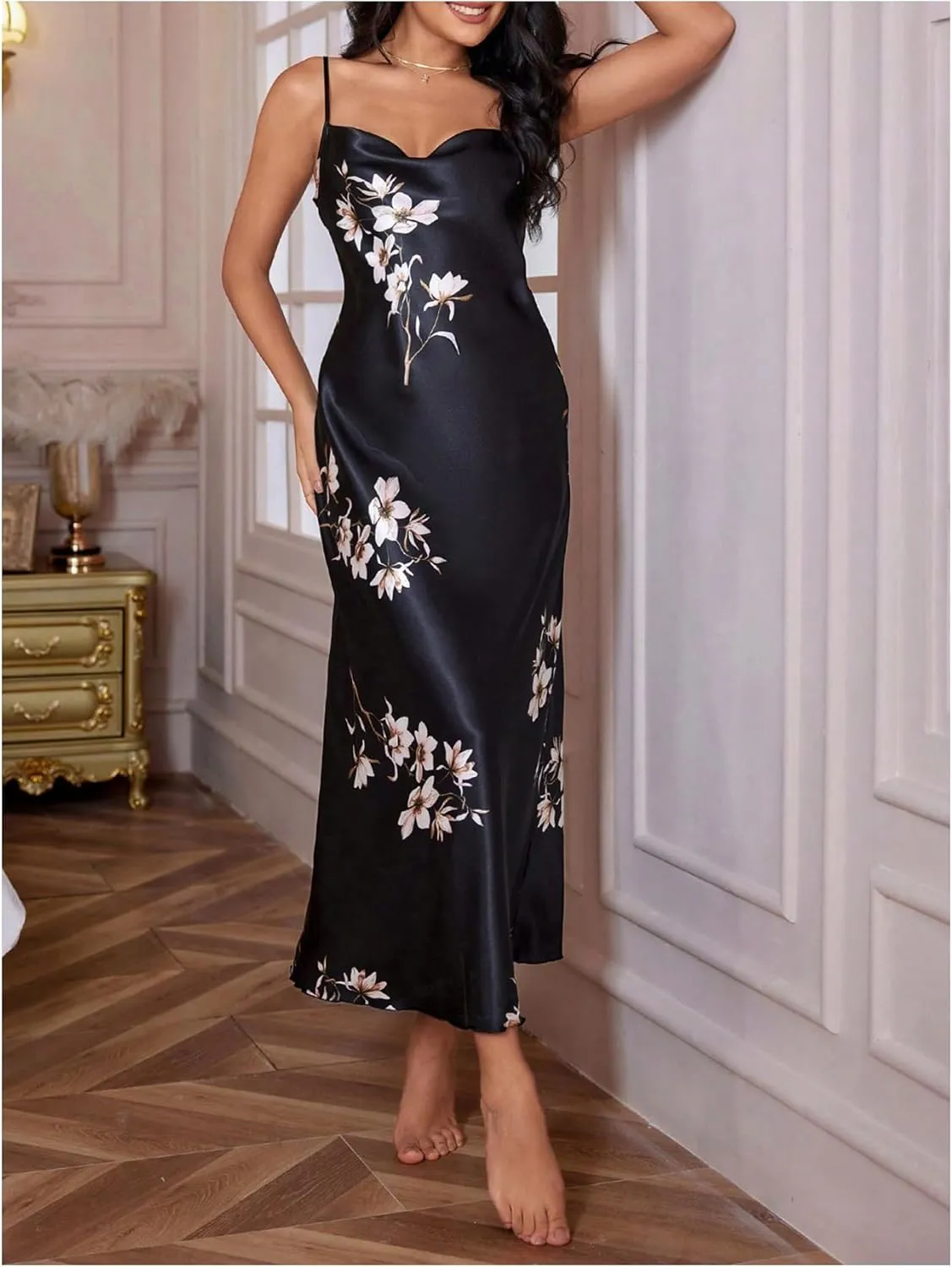 MakeMeChic Women's Floral Cowl Neck Satin Nightgown Backless Spaghetti Strap Maxi Slip Sleep Dress