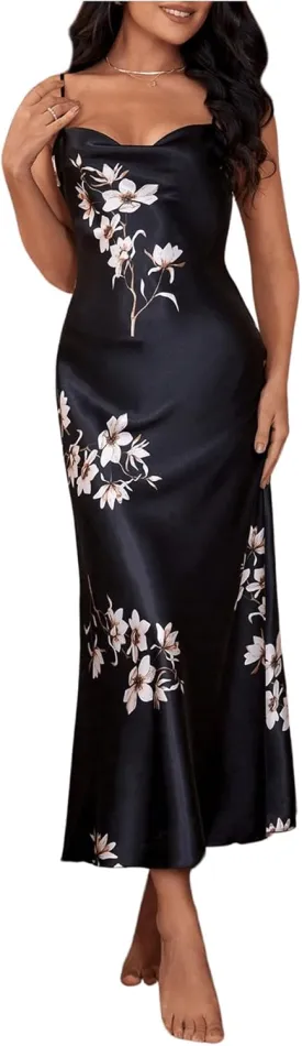 MakeMeChic Women's Floral Cowl Neck Satin Nightgown Backless Spaghetti Strap Maxi Slip Sleep Dress