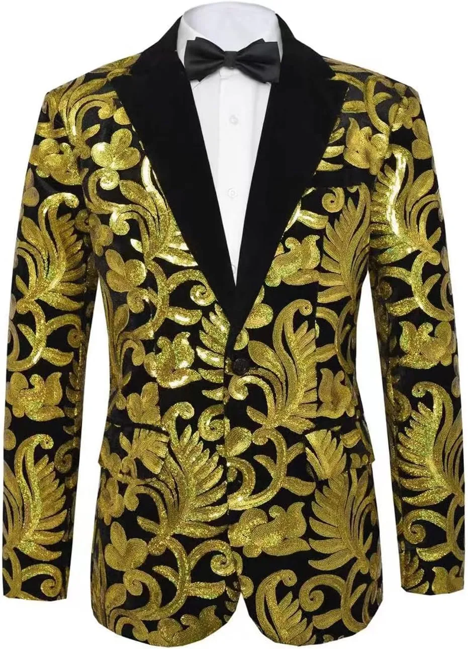 Men's Fashion Velvet Sequins Blazer Floral Pattern Party Prom Suit Jacket