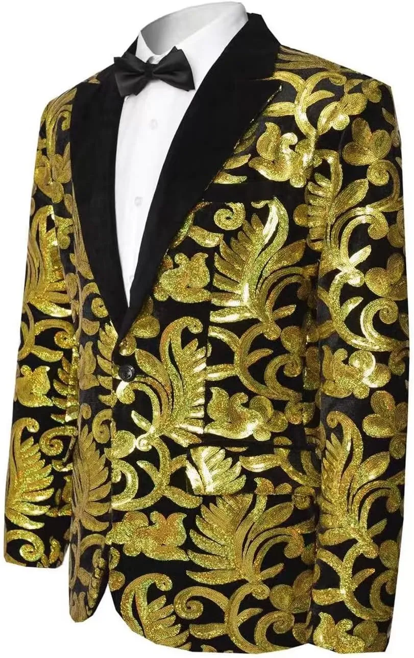 Men's Fashion Velvet Sequins Blazer Floral Pattern Party Prom Suit Jacket