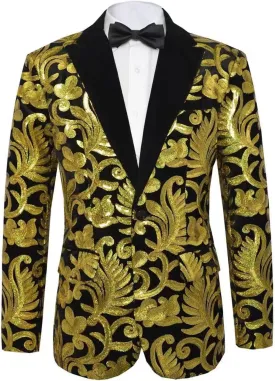 Men's Fashion Velvet Sequins Blazer Floral Pattern Party Prom Suit Jacket