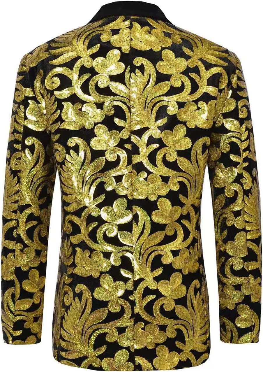 Men's Fashion Velvet Sequins Blazer Floral Pattern Party Prom Suit Jacket