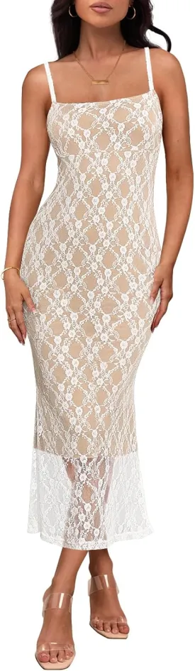 MEROKEETY Women's Summer Bodycon Spaghetti Strap Dress Square Neck Lace Wedding Guest Cocktail Maxi Dresses