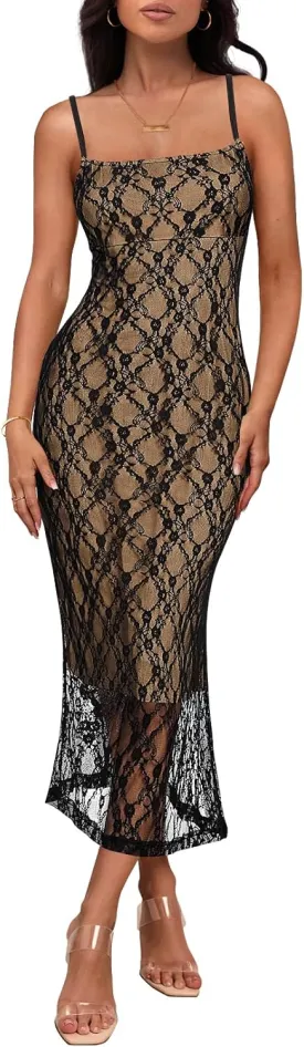 MEROKEETY Women's Summer Bodycon Spaghetti Strap Dress Square Neck Lace Wedding Guest Cocktail Maxi Dresses