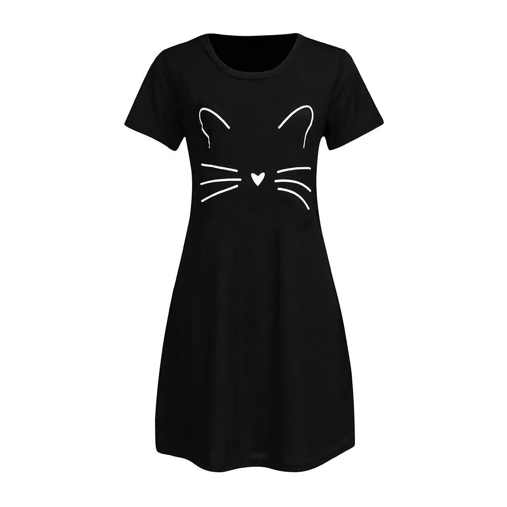 Nightgown Women Casual Cartoon Cat Comfy Sleep Dress
