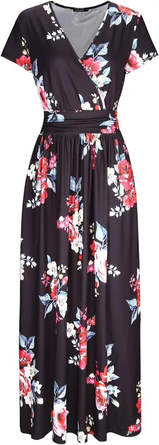 OUGES Womens' V-Neck Pattern Pocket Maxi Long Dress