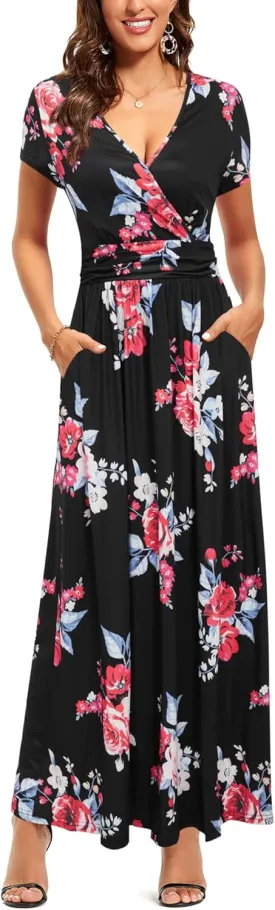 OUGES Womens' V-Neck Pattern Pocket Maxi Long Dress