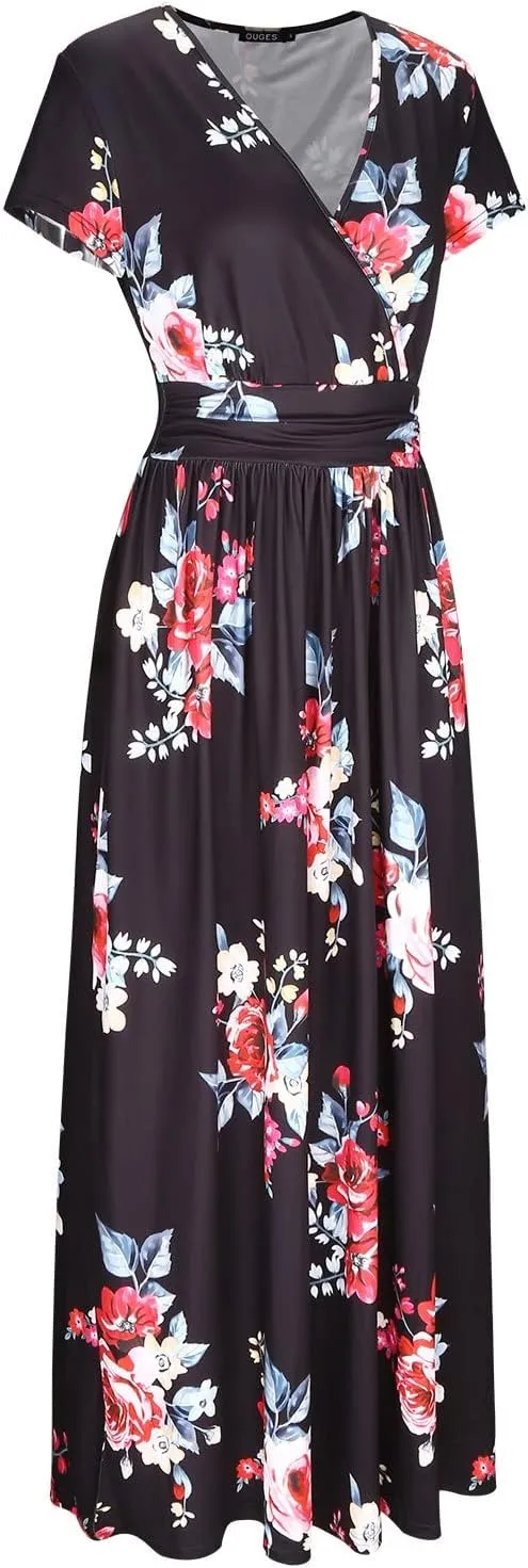 OUGES Womens' V-Neck Pattern Pocket Maxi Long Dress
