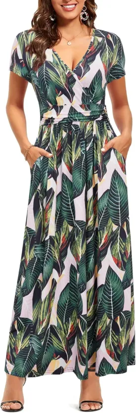 OUGES Womens' V-Neck Pattern Pocket Maxi Long Dress