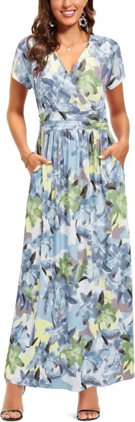 OUGES Womens' V-Neck Pattern Pocket Maxi Long Dress