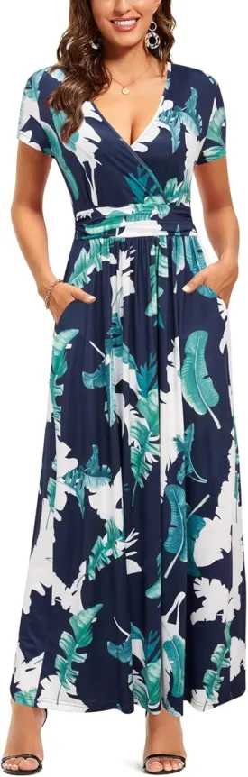 OUGES Womens' V-Neck Pattern Pocket Maxi Long Dress