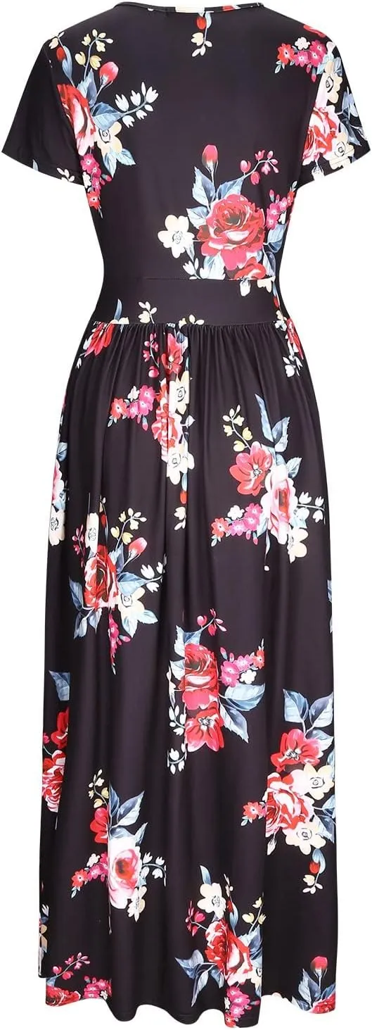 OUGES Womens' V-Neck Pattern Pocket Maxi Long Dress
