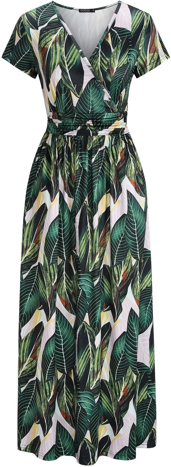 OUGES Womens' V-Neck Pattern Pocket Maxi Long Dress