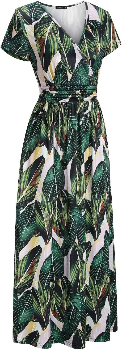 OUGES Womens' V-Neck Pattern Pocket Maxi Long Dress
