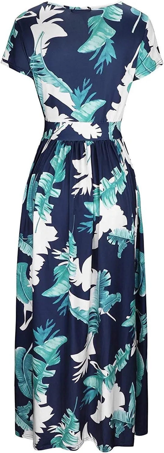 OUGES Womens' V-Neck Pattern Pocket Maxi Long Dress
