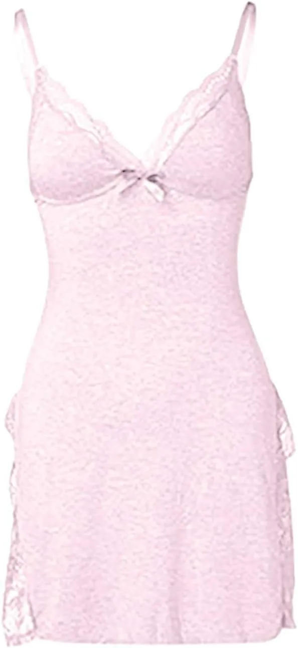 PETCDIM Lace Trim Sleep Dress for Women Sexy High Split Nightgown Trendy Bowknot Decor Sleep Spaghetti Dress Valentines Gift